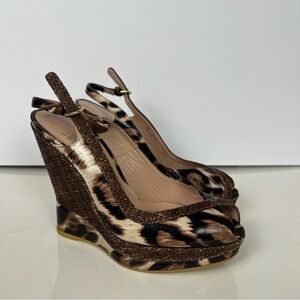 Stuart Weitzman Espadrille Wedge Sandals Animal Print Peep Toe Womens Size 5.5
